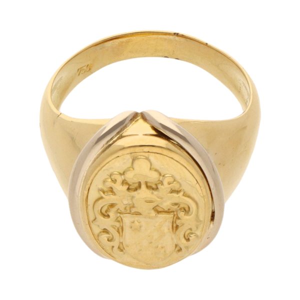 Anillo tipo sello motivo escudo heráldico en oro dos tonos 18 kilates. Discount