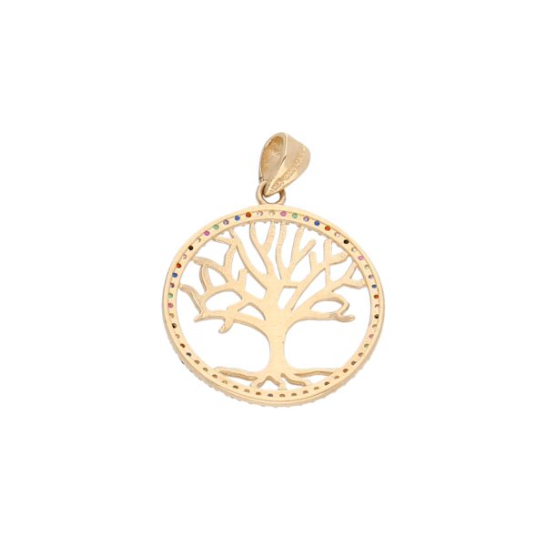 Dije calado motivo árbol con sintéticos en oro amarillo 14 kilates. Online Sale