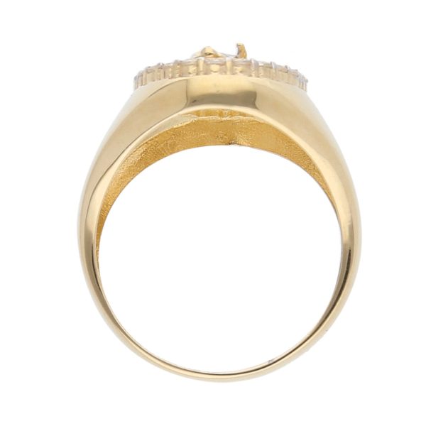 Anillo tipo sello motivo santo con sintéticos en oro dos tonos 14 kilates. on Sale