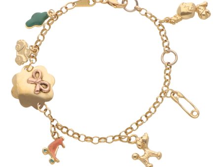 Pulsera para niña eslabón cruzado con dijes y esmalte en oro amarillo 18 kilates. Discount