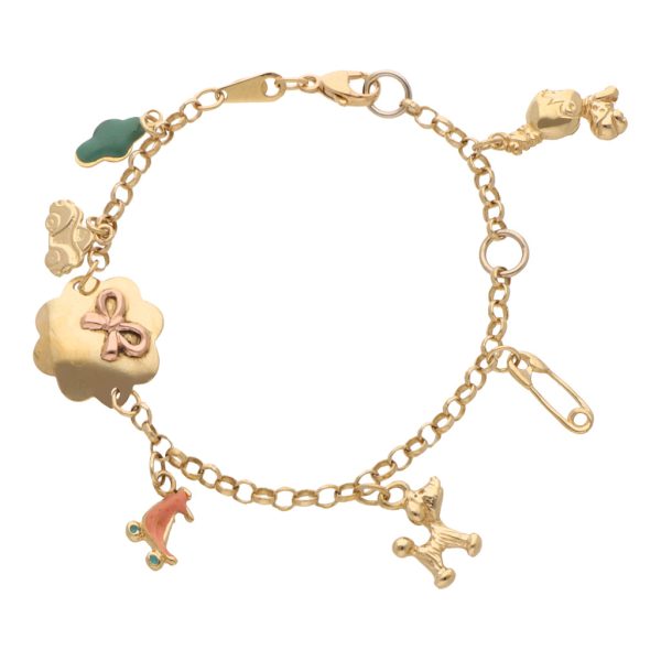 Pulsera para niña eslabón cruzado con dijes y esmalte en oro amarillo 18 kilates. Discount