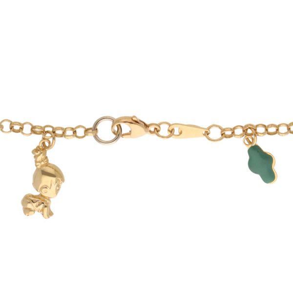 Pulsera para niña eslabón cruzado con dijes y esmalte en oro amarillo 18 kilates. Discount